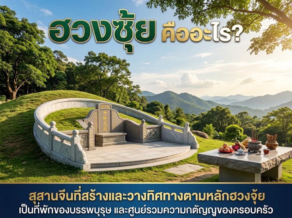 ฮวงซุ้ยแบบจีน มีป้ายฮวงซุ้ย กำแพงโอบซ้าย-ขวา และลานหน้าฮวงซุ้ย ตั้งอยู่บนเนินที่มีภูเขาด้านหลัง